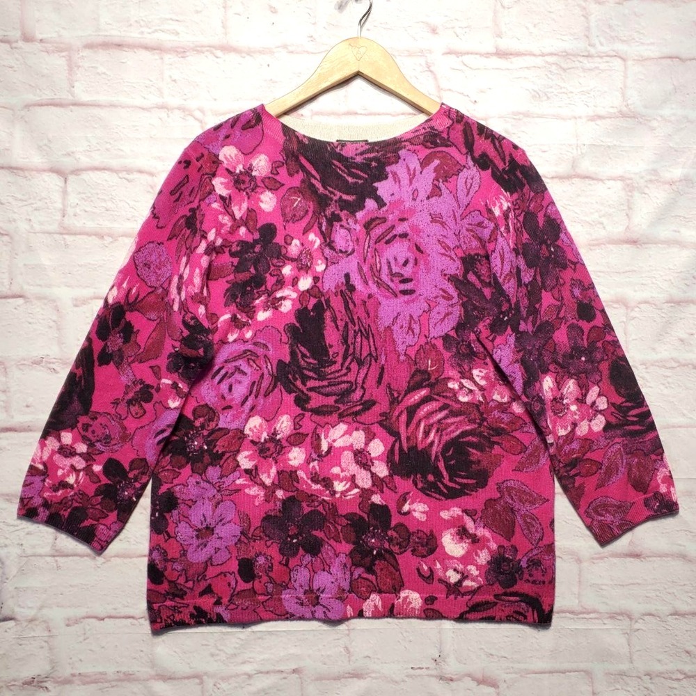 NWT Talbots Womens Petite XLP Pure 100% Cashmere Pink Floral Long Sleeve Sweater